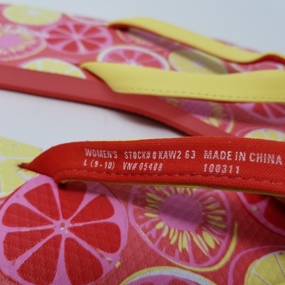 LL Bean Womens Flip Flops Sandals Sz L 9-10 Thong Citrus Fruit Print Pink Yellow - Picture 7 of 8